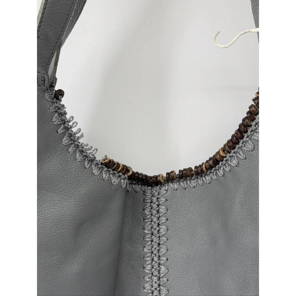 The Sak Huntley Hobo Bag Gray Leather Medium Western Crochet Tassel Read